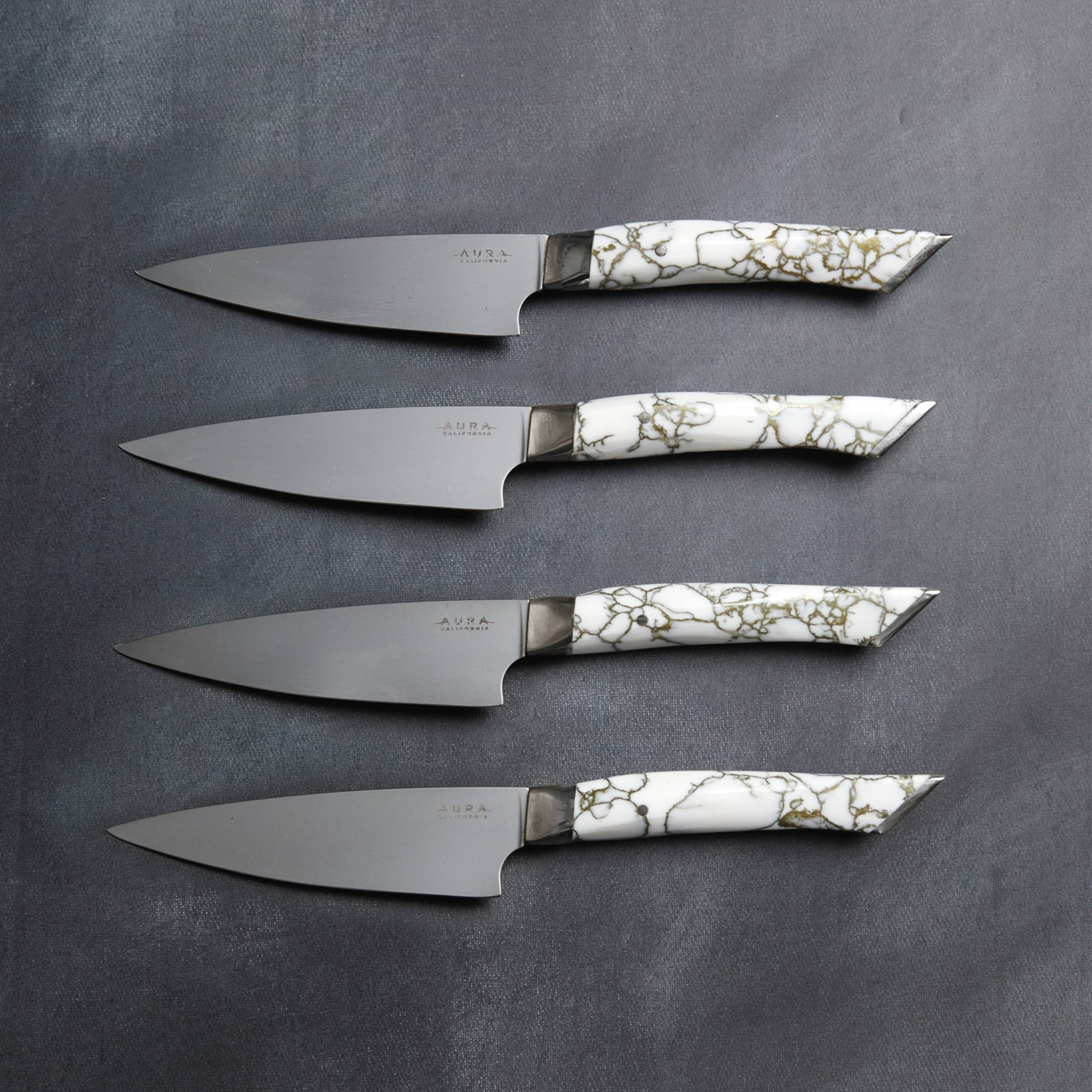 aura california aurochs steak knives with marble and gold hilt
