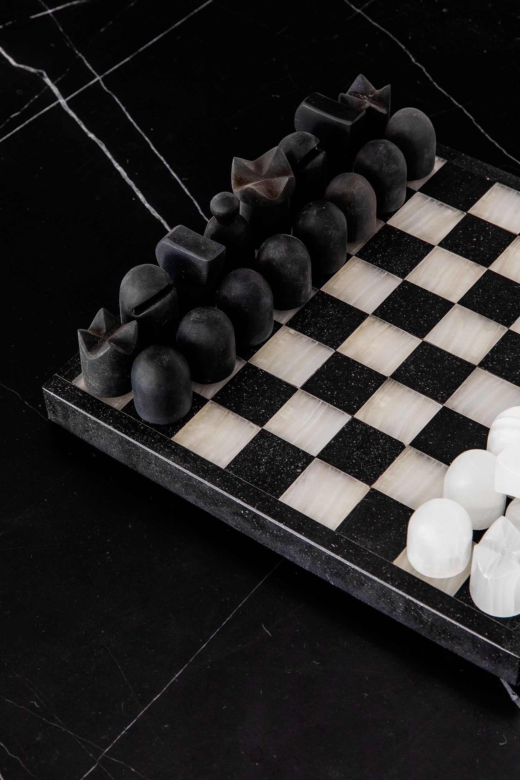 Studio H Collection Adonis Marble and Onyx Chess Set - Black Marble and Ivory Onyx