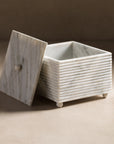 Ribbed square box made of white marble stone and lid.
