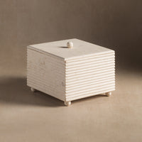 Studio H Collection Juno Ribbed Square Stone Box with Lid - Cream Limestone