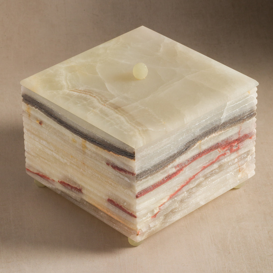 Juno Ribbed Square Stone Box with Lid - Green Onyx