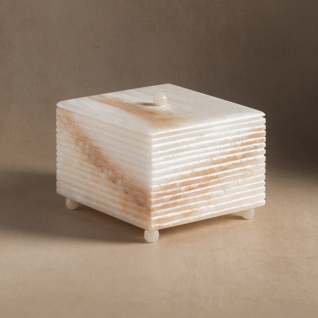 Studio H Collection Juno Ribbed Square Stone Box with Lid - Ivory Onyx