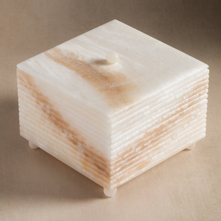Studio H Collection Juno Ribbed Square Stone Box with Lid - Ivory Onyx