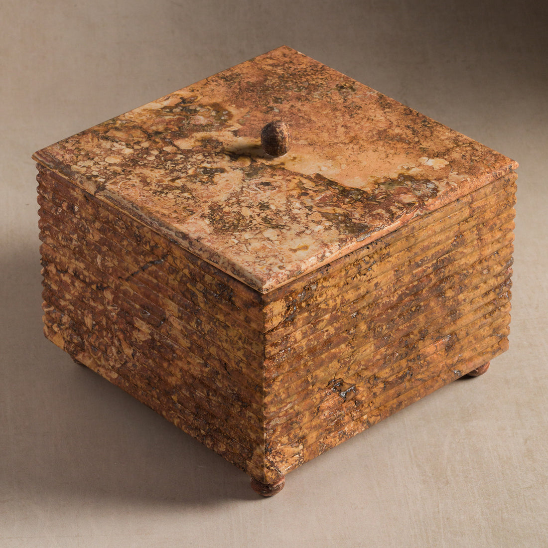 Studio H Collection Juno Ribbed Square Stone Box with Lid - Rust Travertine