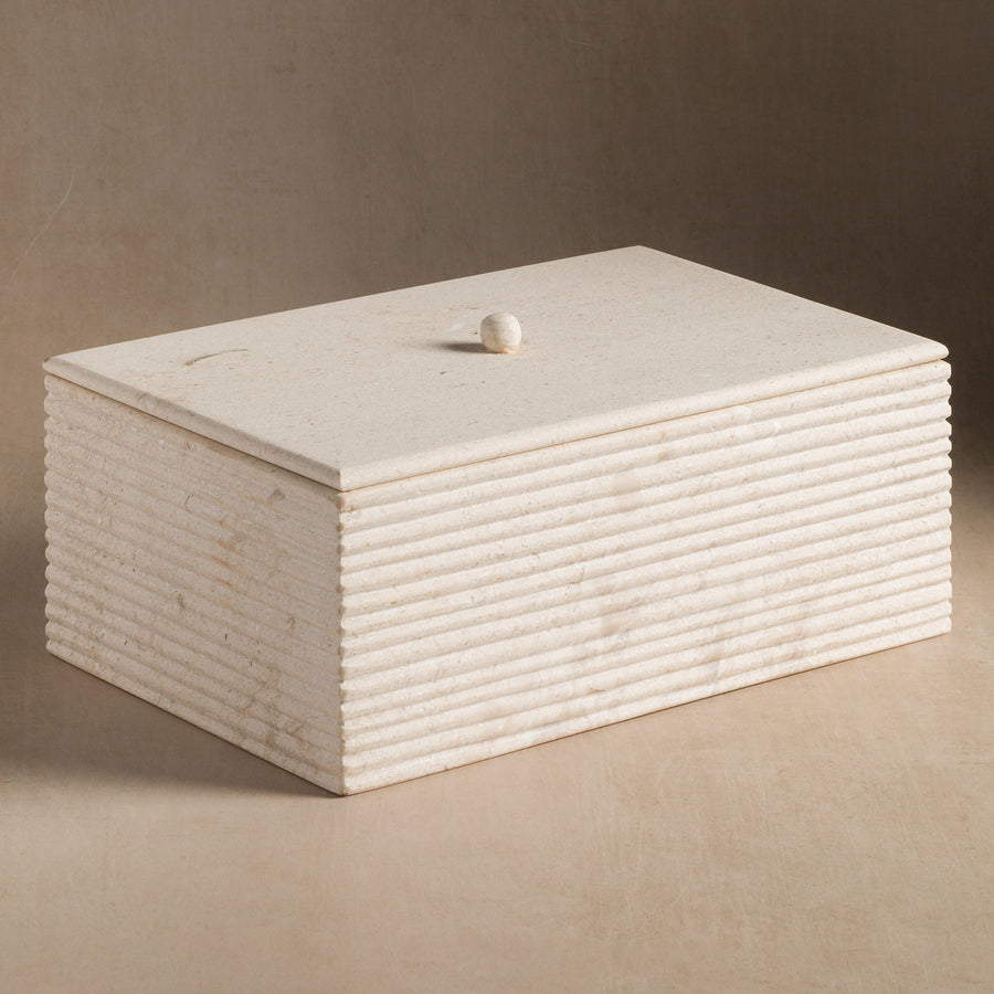 Studio H Collection Jupiter Ribbed Rectangular Stone Box with Lid - Cream Limestone