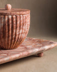 Small container and tray for bathroom or kitchen made from pink marble