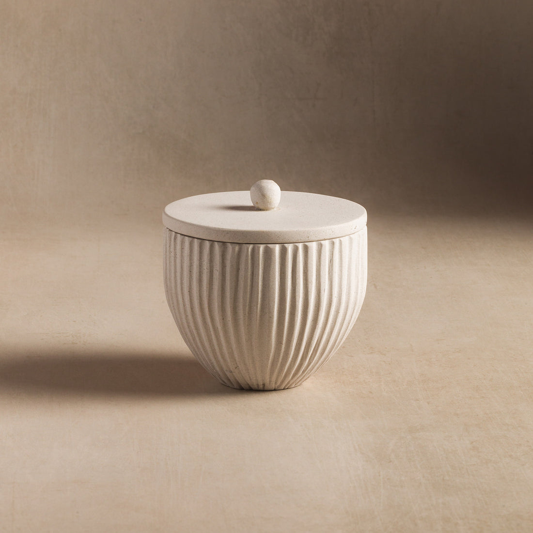 Studio H Collection Luna Ribbed Stone Container with Lid - Cream Limestone