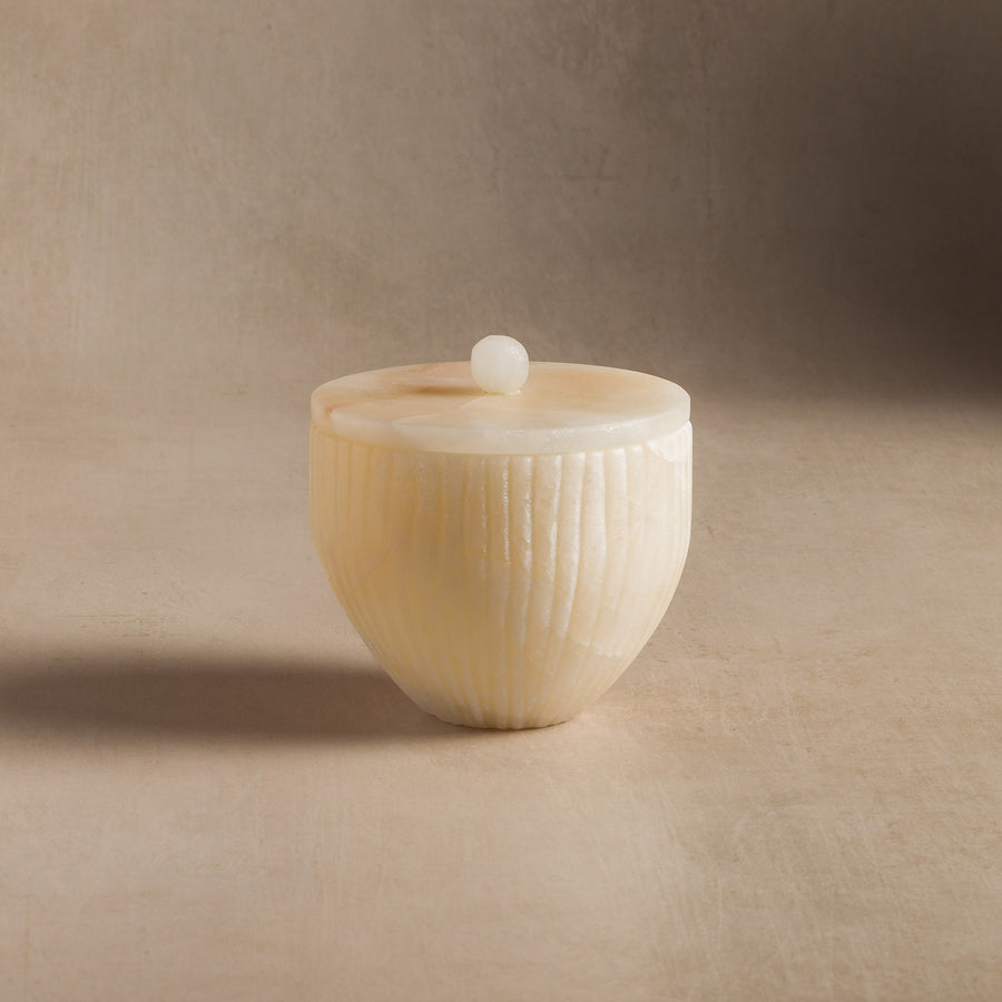 Studio H Collection Luna Ribbed Stone Container with Lid - Ivory Onyx