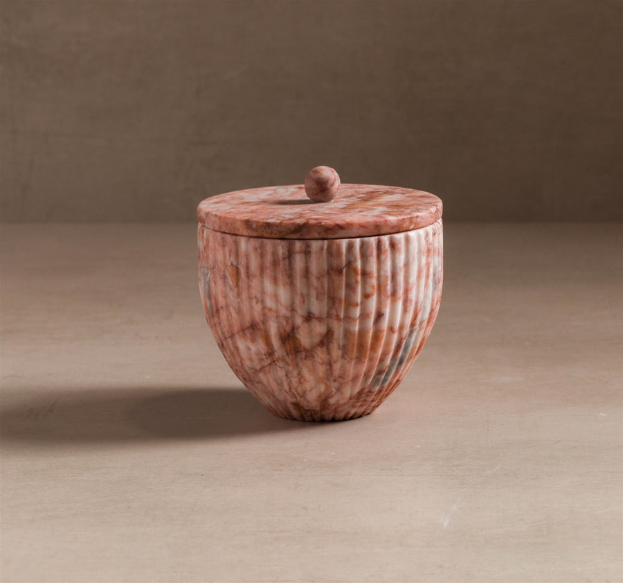 Studio H Collection Luna Ribbed Stone Container with Lid - Rose Marble