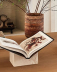 Bookstand holder made from cream limestone on a coffee table.