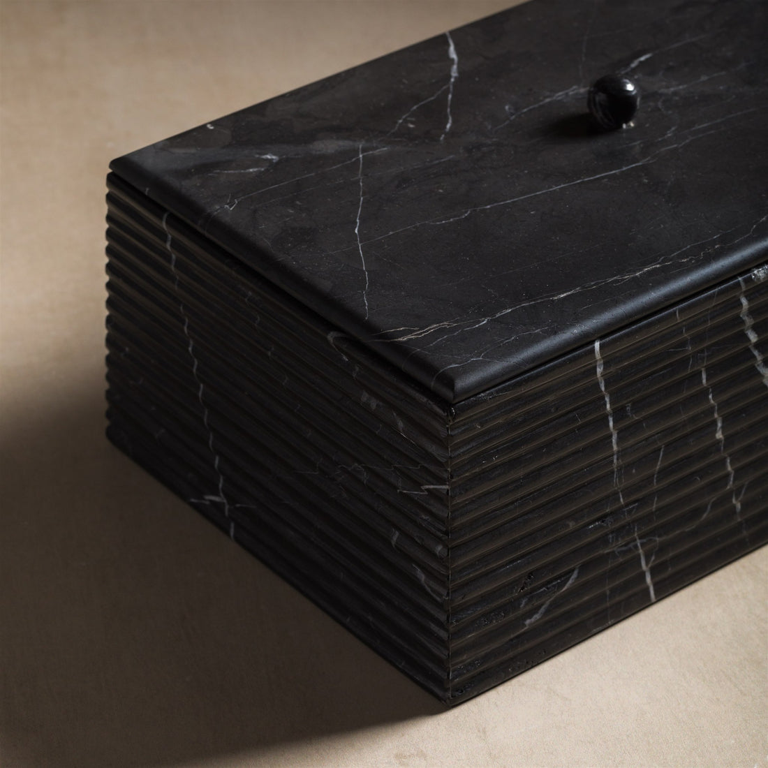 Jupiter Ribbed Rectangular Stone Box with Lid - Black Marble