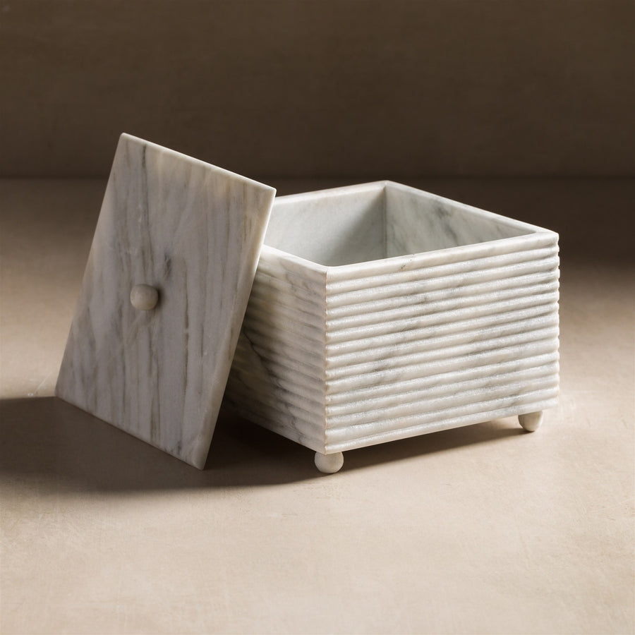 Studio H Collection Juno Ribbed Square Stone Box with Lid - White Marble