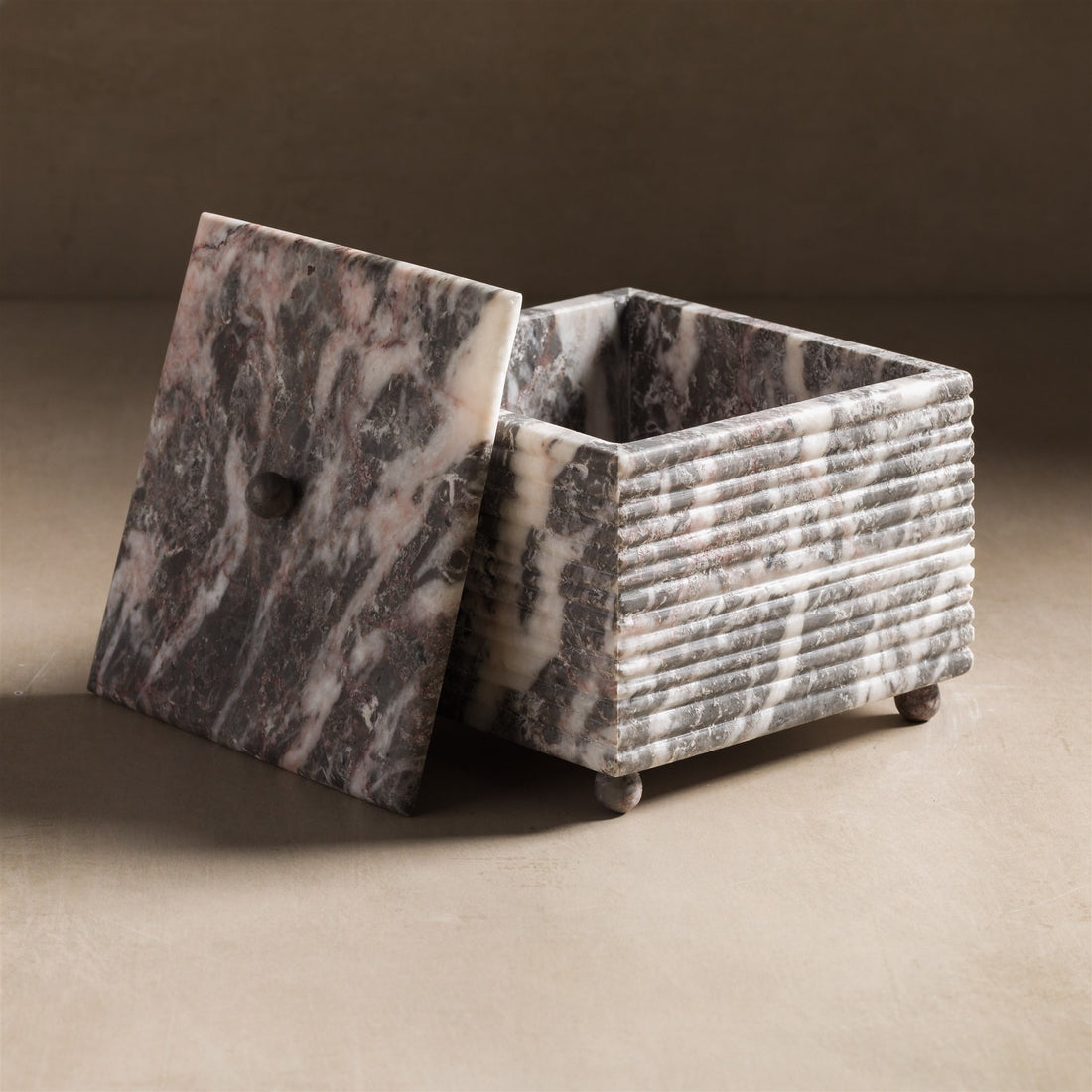 Studio H Collection Juno Ribbed Square Stone Box with Lid - Grey Marble