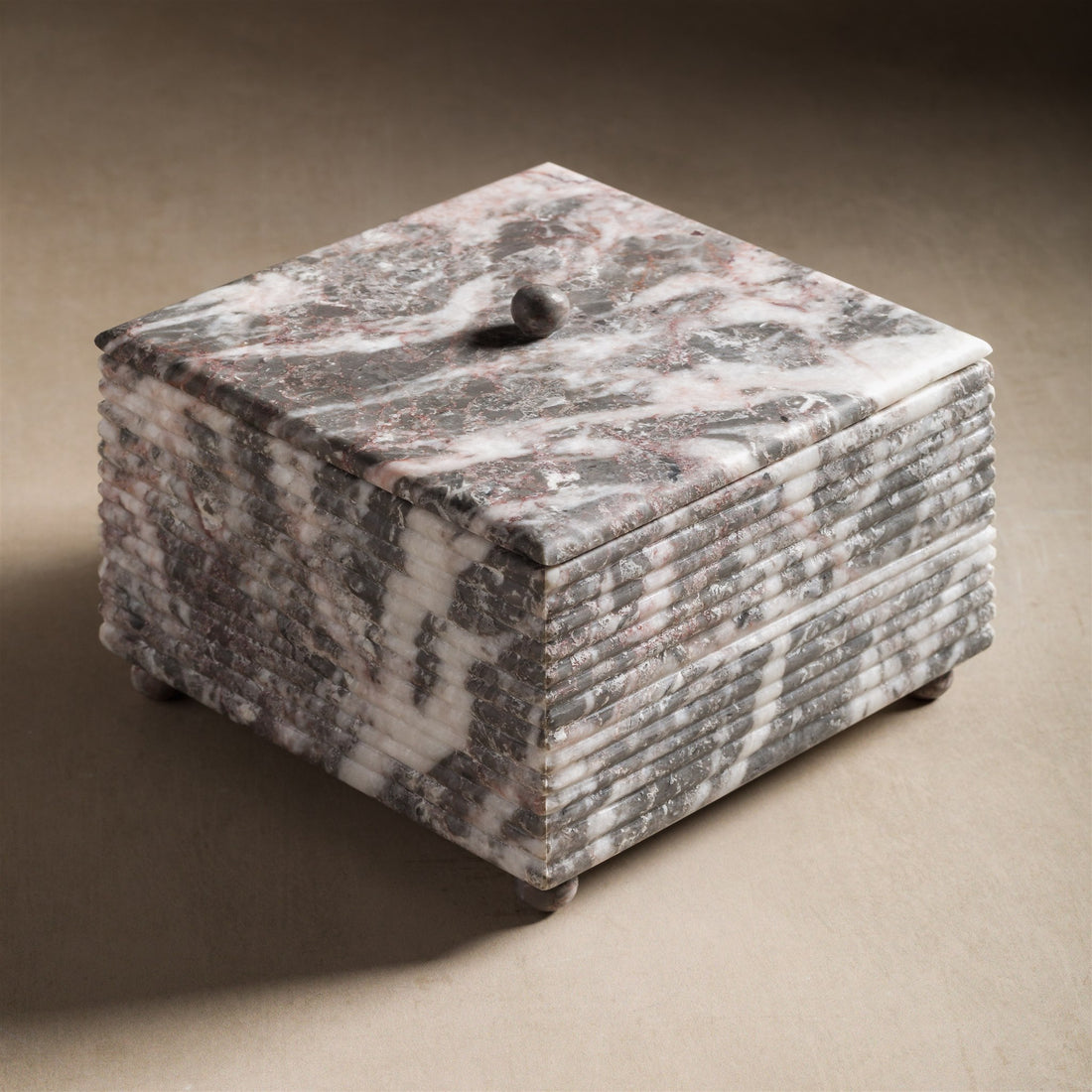 Juno Ribbed Square Stone Box with Lid - Grey Marble