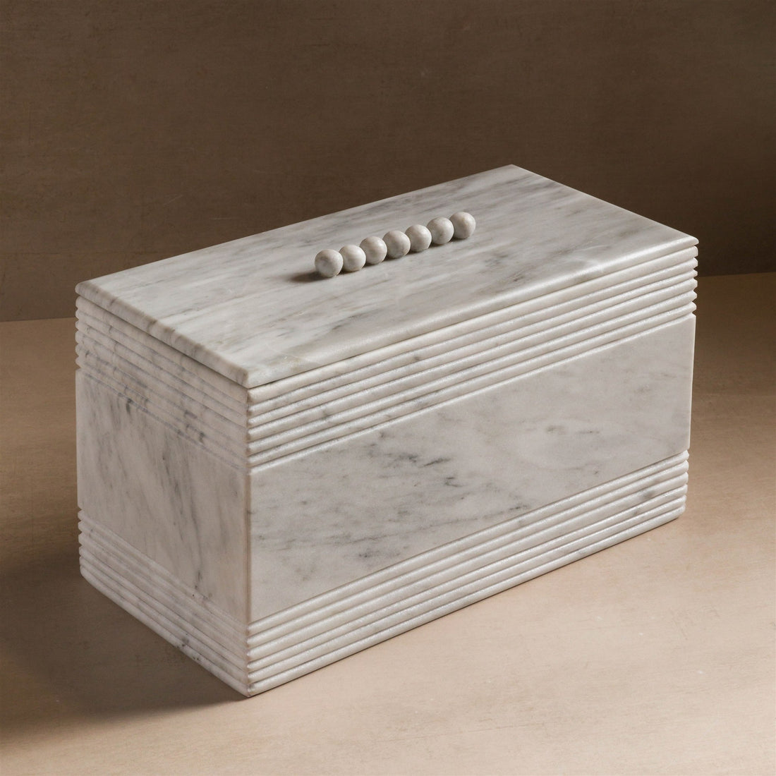 Studio H Collection Jonah Rectangular Stone Box with Ribbing and Ball Detail Lid - White Marble