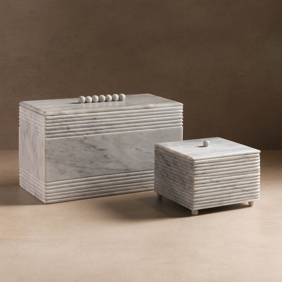Studio H Collection Jonah Rectangular Stone Box with Ribbing and Ball Detail Lid - White Marble