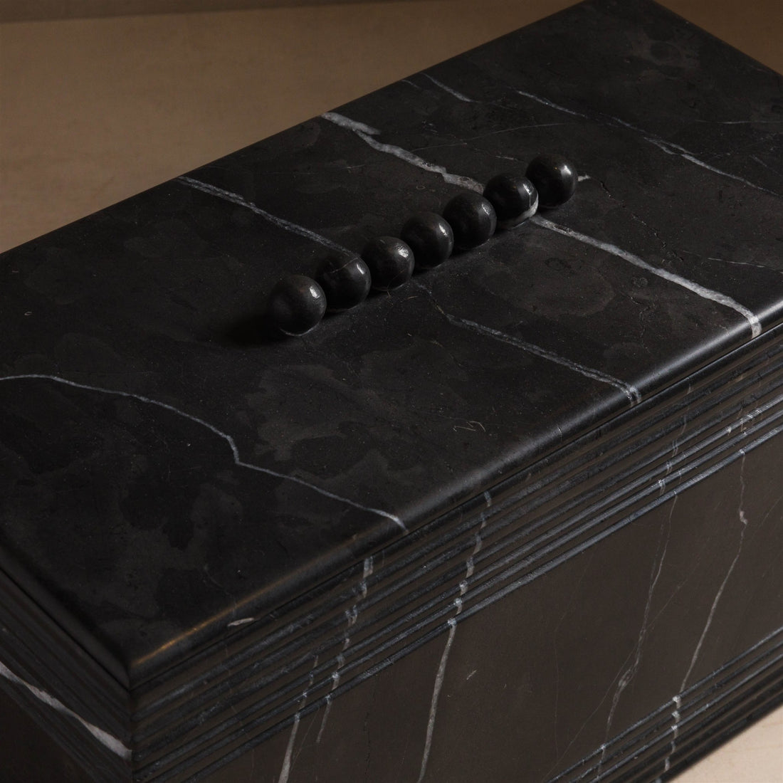 Studio H Collection Jonah Rectangular Stone Box with Ribbing and Ball Detail Lid - Black Marble