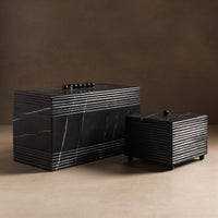 Studio H Collection Jonah Rectangular Stone Box with Ribbing and Ball Detail Lid - Black Marble