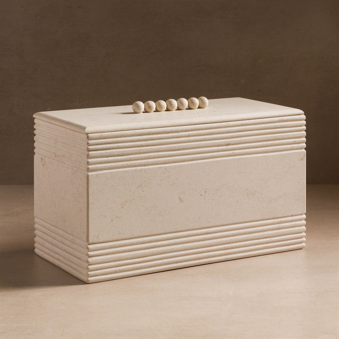 Studio H Collection Jonah Rectangular Stone Box with Ribbing and Ball Detail Lid - Cream Limestone